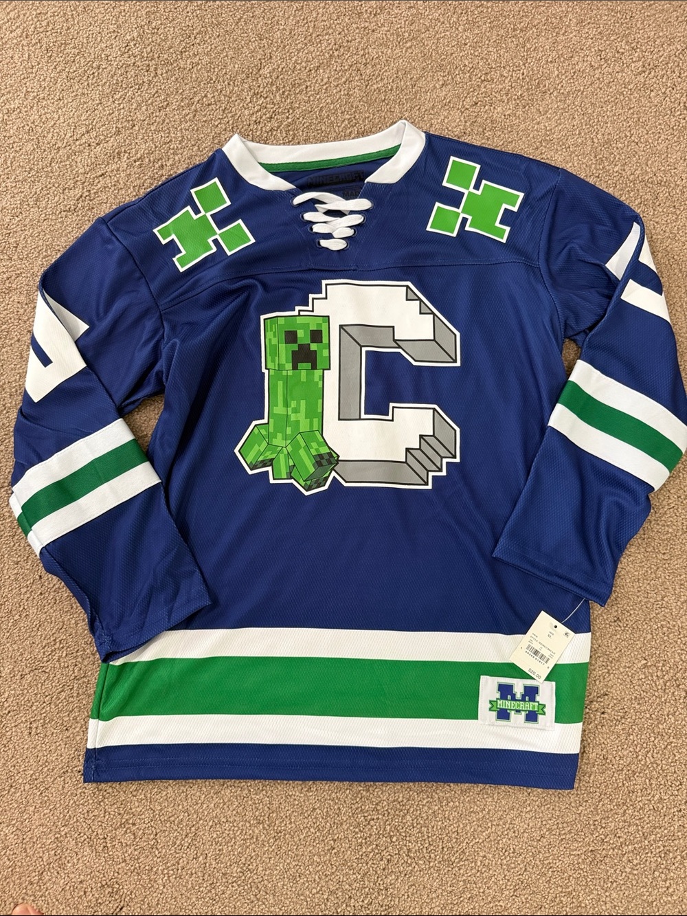 Minecraft Creeper Hockey Jersey - Blue & Green, Sz Youth XL